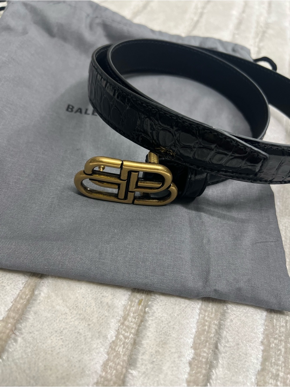 Balenciaga Black Croc-Embossed Leather Belt with Antique Gold BB Buckle